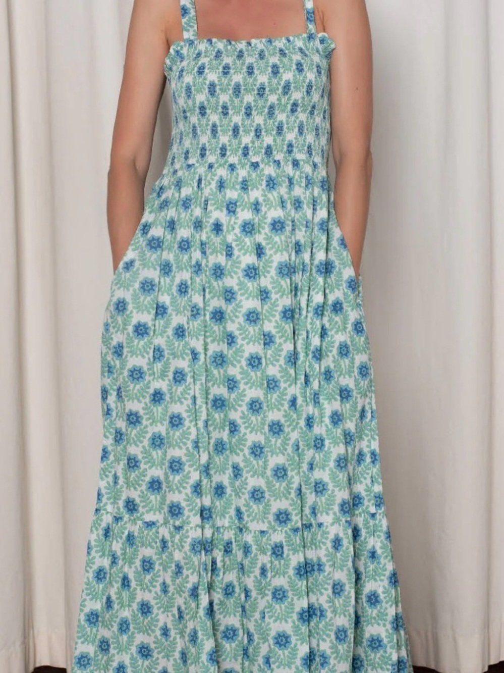 Ophelia & Indigo Smocked Maxi Dress Blue Floral block Print medium M pockets